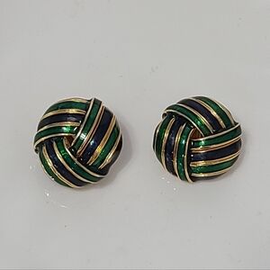 Vintage D'ORLAN Designer Luxury 22K Gold Blue Green Knot Stud Clip On Earrings